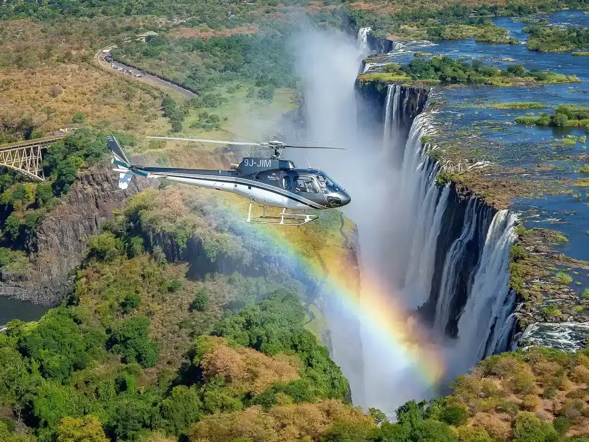 An aerial view of Victoria Falls, the Zambezi River and the bridge across the gorge